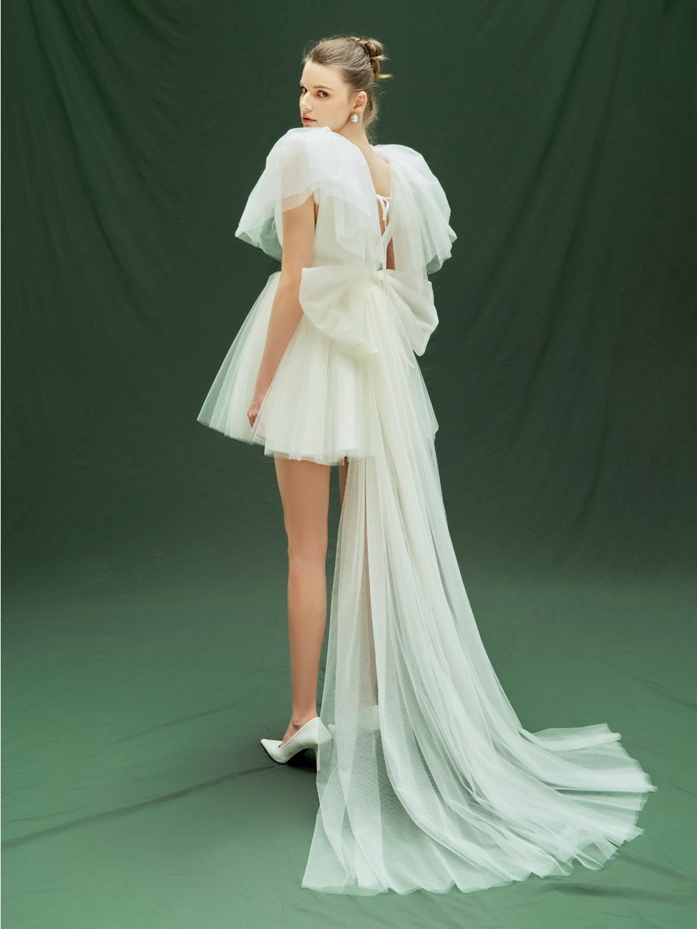 Ivory Tulle Bow-Back Mini Dress with Train
